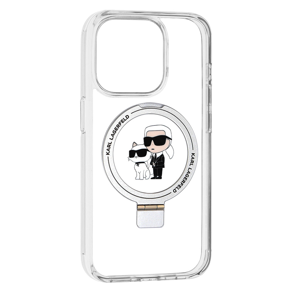 Калъф MagSafe за Apple iPhone 15 Pro, Karl Lagerfeld, Ring Stand Karl & Choupette, Бял