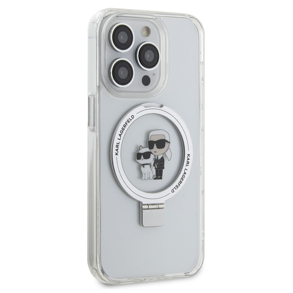 Калъф MagSafe за Apple iPhone 15 Pro, Karl Lagerfeld, Ring Stand Karl & Choupette, Бял