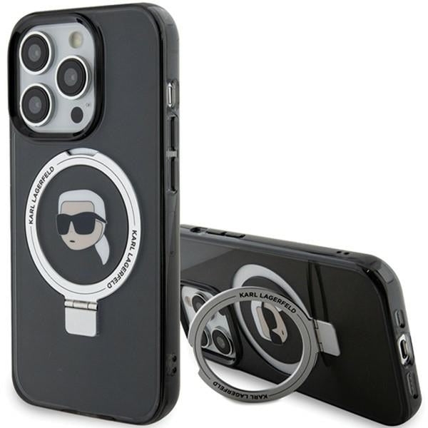 Калъф MagSafe за Apple iPhone 15 Pro, Karl Lagerfeld, Ring Stand Karl's Head, Черен