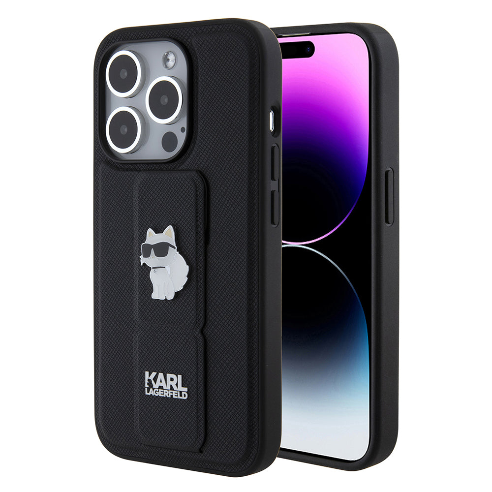 Калъф MagSafe за Apple iPhone 15 Pro, Karl Lagerfeld, Saffiano Gripstand Choupette, Черен
