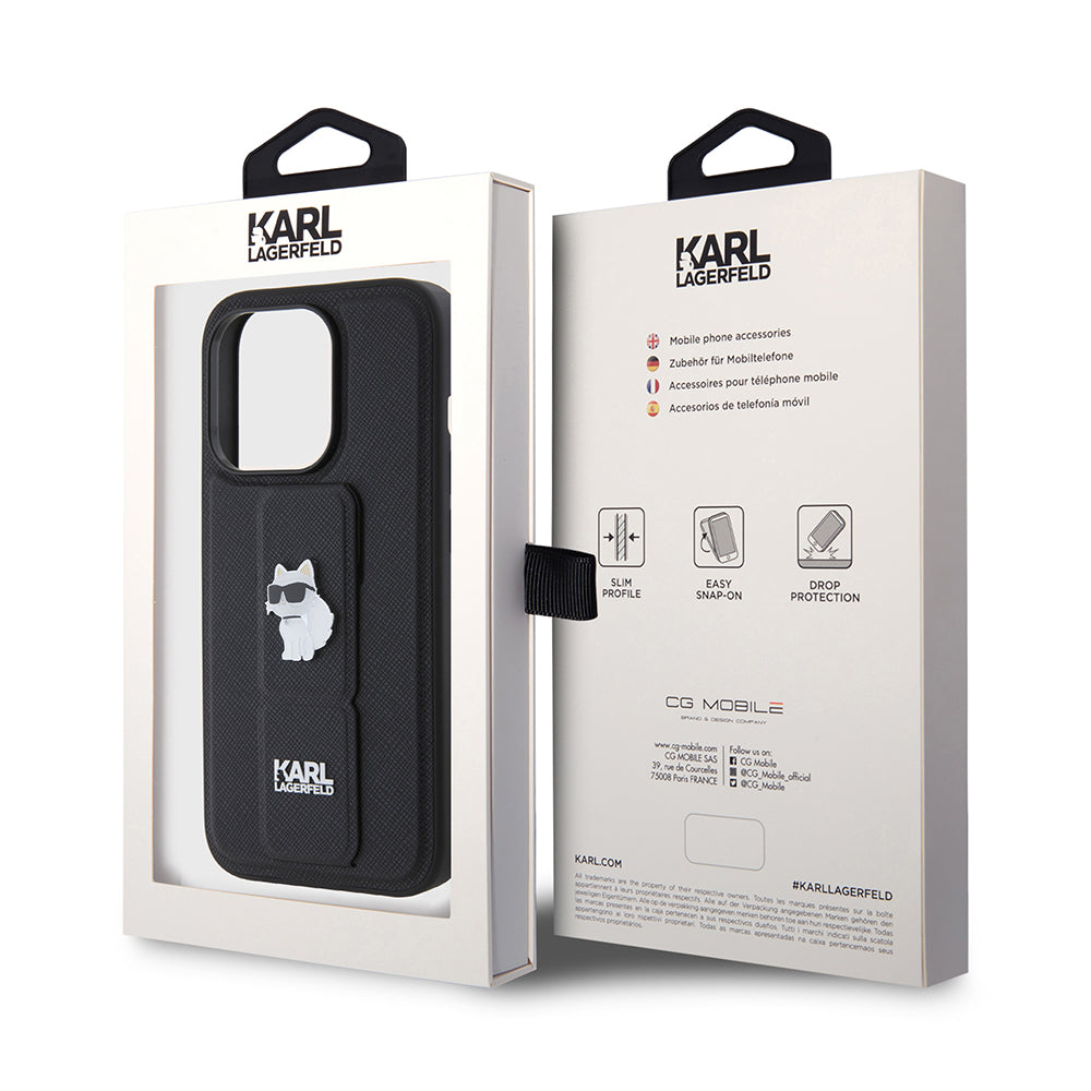 Калъф MagSafe за Apple iPhone 15 Pro, Karl Lagerfeld, Saffiano Gripstand Choupette, Черен