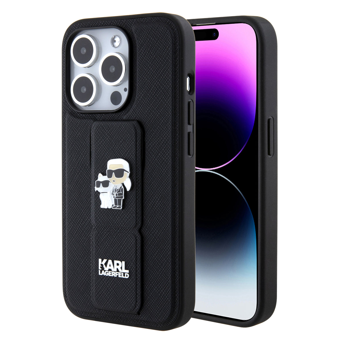 Калъф MagSafe за Apple iPhone 15 Pro, Karl Lagerfeld, Saffiano Gripstand Karl & Choupette, Черен