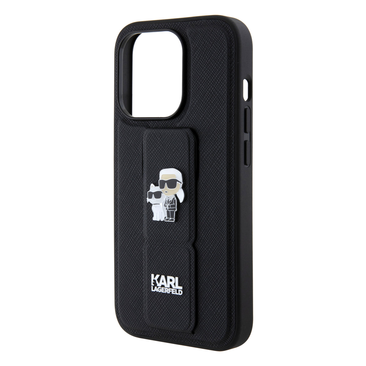 Калъф MagSafe за Apple iPhone 15 Pro, Karl Lagerfeld, Saffiano Gripstand Karl & Choupette, Черен