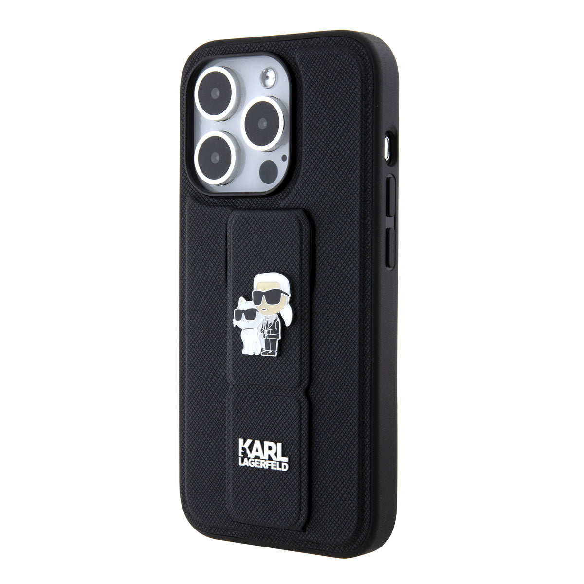 Калъф MagSafe за Apple iPhone 15 Pro, Karl Lagerfeld, Saffiano Gripstand Karl & Choupette, Черен