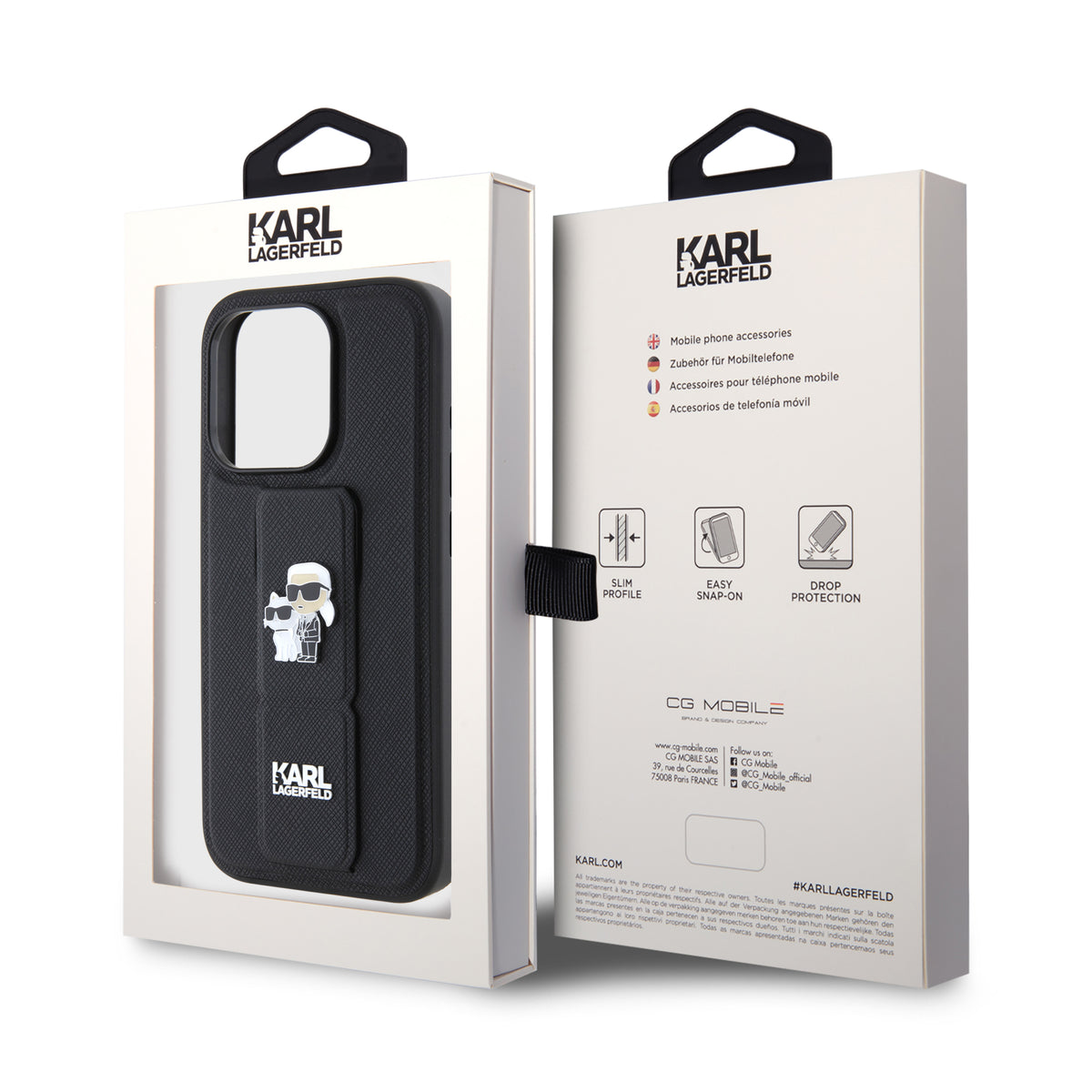 Калъф MagSafe за Apple iPhone 15 Pro, Karl Lagerfeld, Saffiano Gripstand Karl & Choupette, Черен