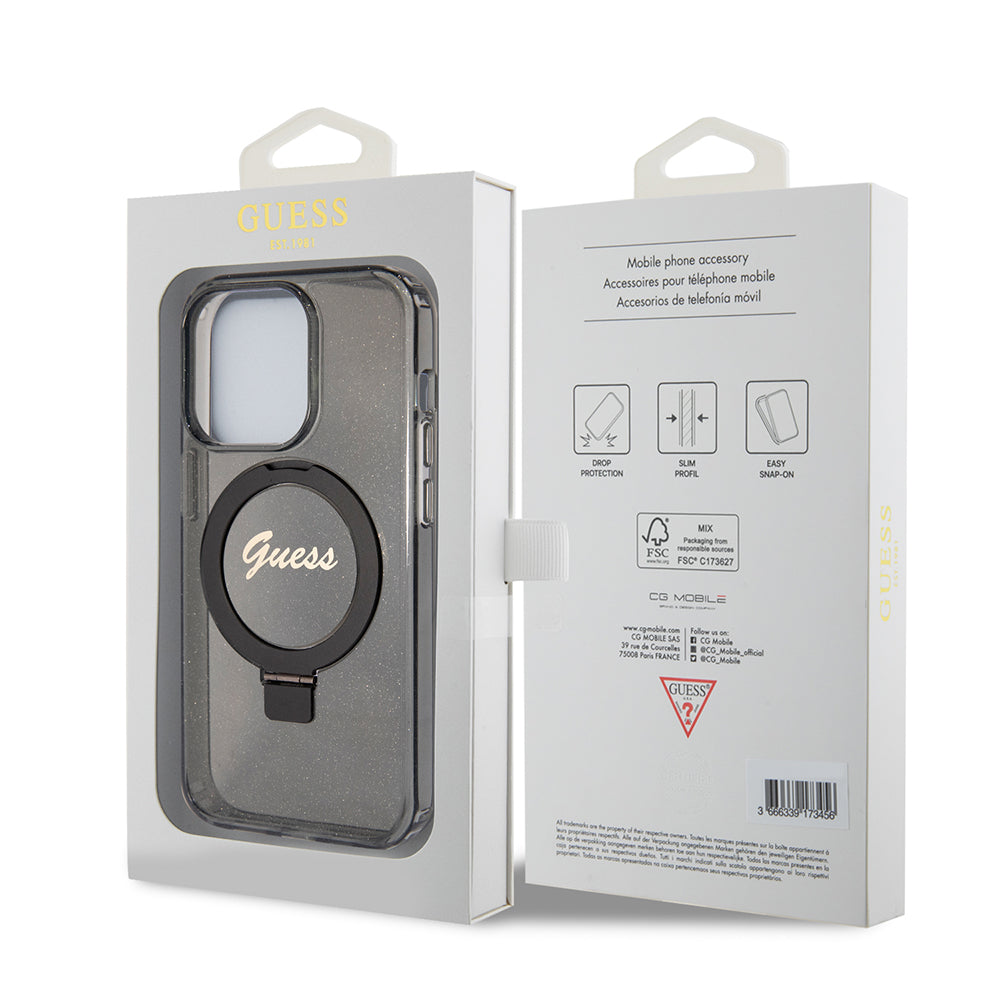 Калъф MagSafe за Apple iPhone 15 Pro Max, Guess, IML Ring Stand Glitter, Черен