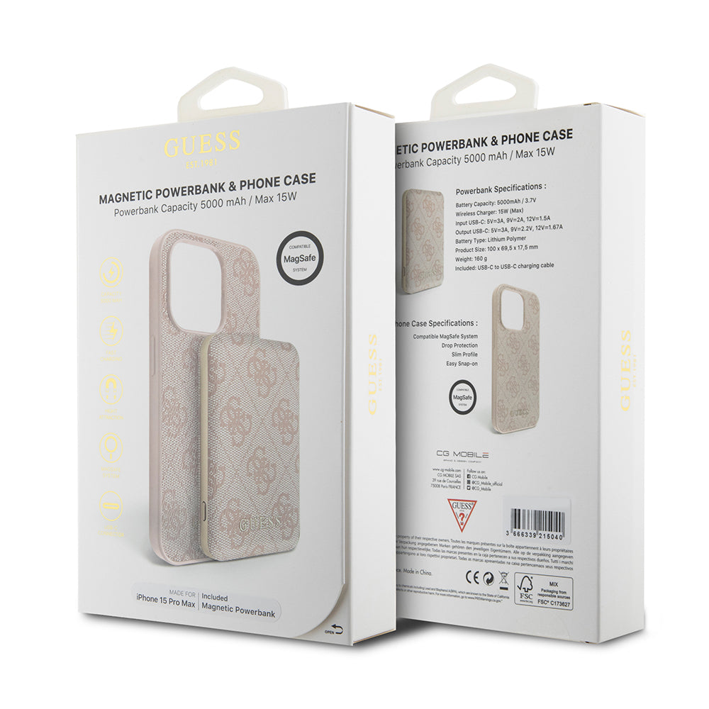 Калъф MagSafe за Apple iPhone 15 Pro Max, Guess, Powerbank 4G Metal Logo, Розов