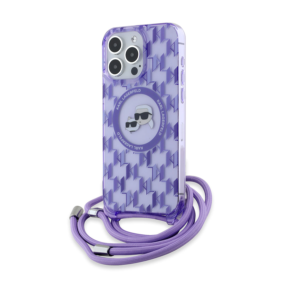 Калъф MagSafe за Apple iPhone 15 Pro Max, Karl Lagerfeld, IML Crossbody Monogram Karl & Choupette's Heads, Лилав