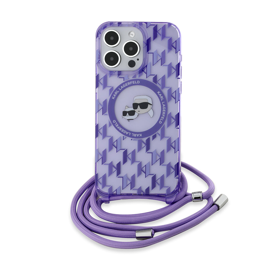 Калъф MagSafe за Apple iPhone 15 Pro Max, Karl Lagerfeld, IML Crossbody Monogram Karl & Choupette's Heads, Лилав