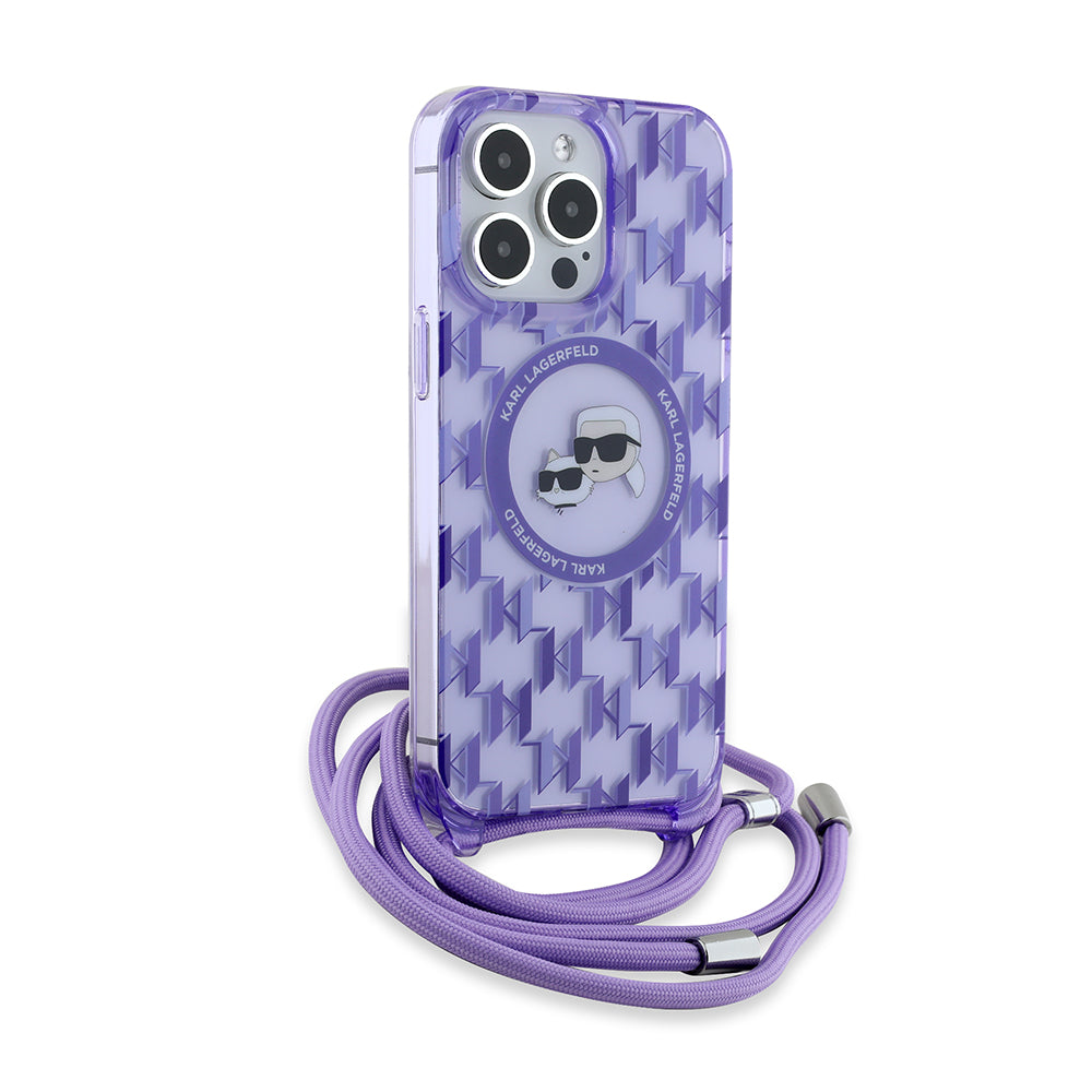 Калъф MagSafe за Apple iPhone 15 Pro Max, Karl Lagerfeld, IML Crossbody Monogram Karl & Choupette's Heads, Лилав