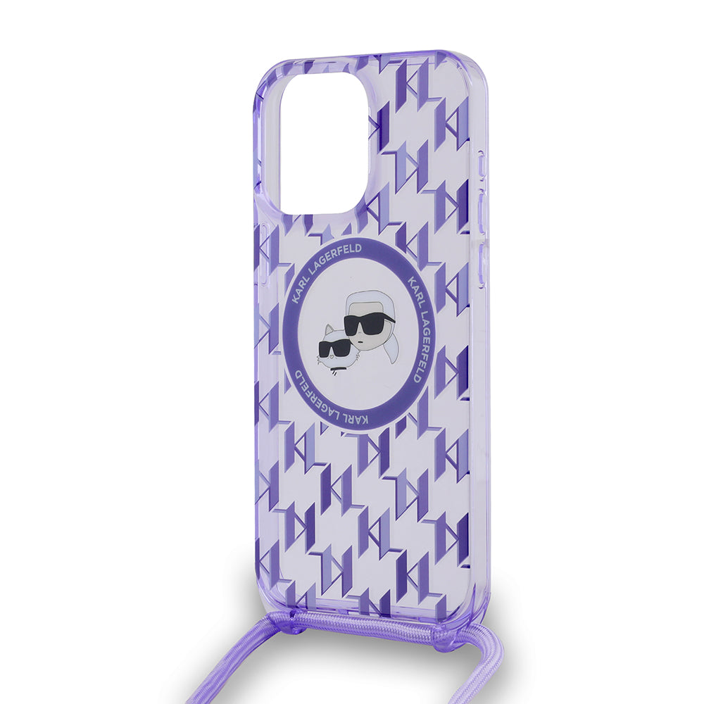 Калъф MagSafe за Apple iPhone 15 Pro Max, Karl Lagerfeld, IML Crossbody Monogram Karl & Choupette's Heads, Лилав