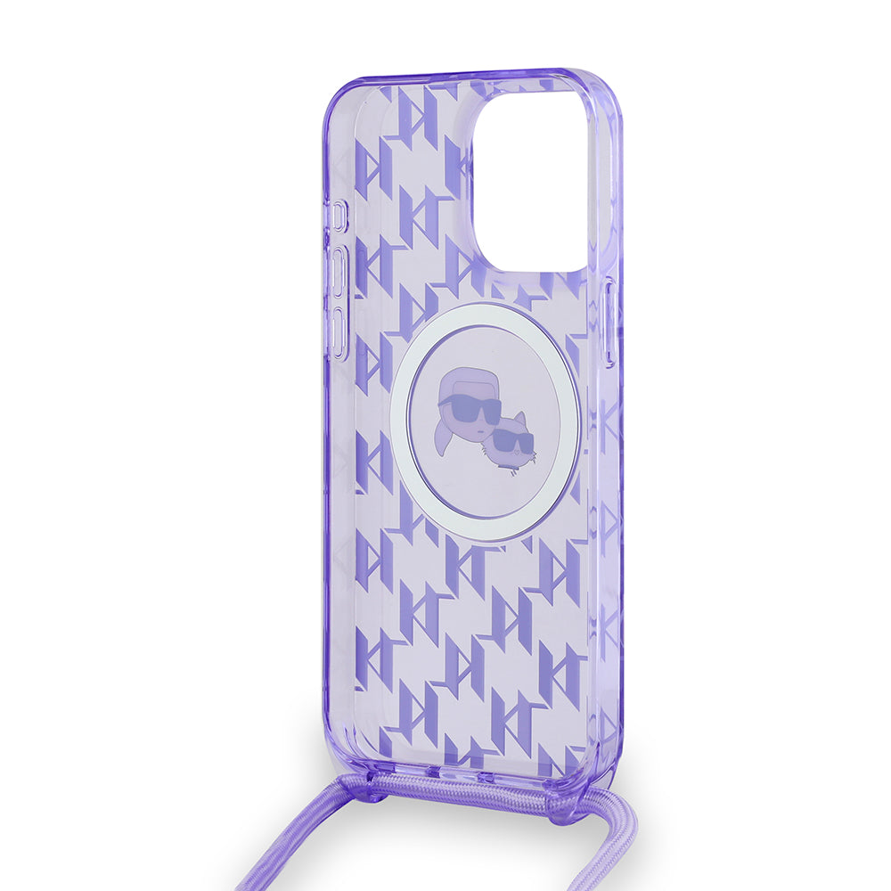 Калъф MagSafe за Apple iPhone 15 Pro Max, Karl Lagerfeld, IML Crossbody Monogram Karl & Choupette's Heads, Лилав