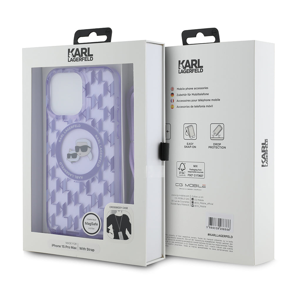 Калъф MagSafe за Apple iPhone 15 Pro Max, Karl Lagerfeld, IML Crossbody Monogram Karl & Choupette's Heads, Лилав