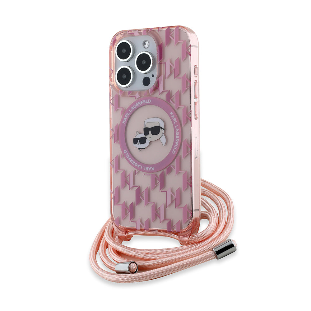 Калъф MagSafe за Apple iPhone 15 Pro Max, Karl Lagerfeld, IML Crossbody Monogram Karl & Choupette's Heads, Розов