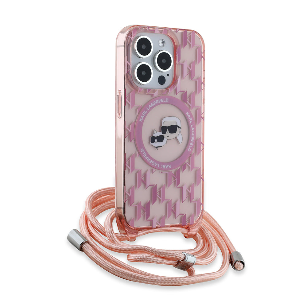 Калъф MagSafe за Apple iPhone 15 Pro Max, Karl Lagerfeld, IML Crossbody Monogram Karl & Choupette's Heads, Розов