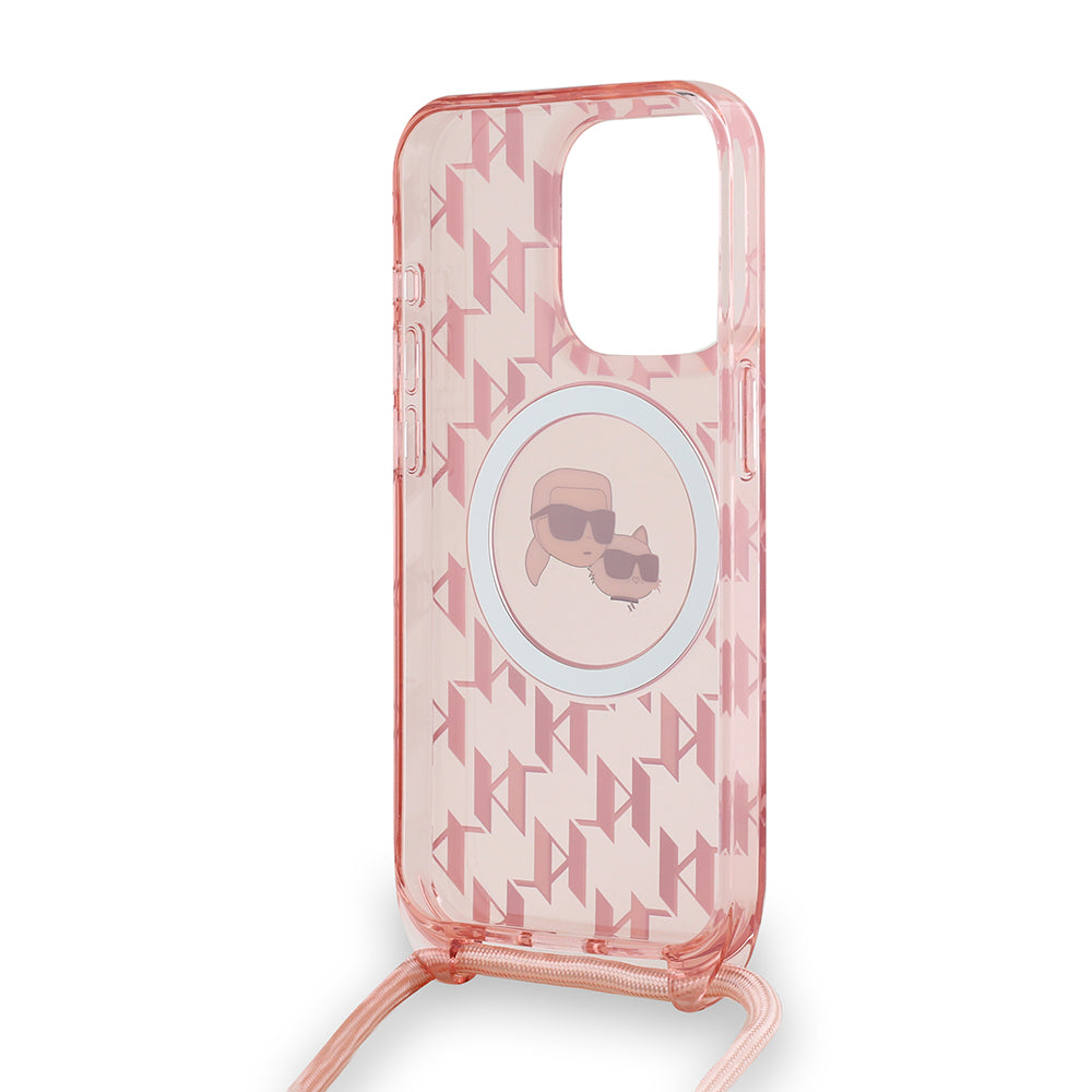 Калъф MagSafe за Apple iPhone 15 Pro Max, Karl Lagerfeld, IML Crossbody Monogram Karl & Choupette's Heads, Розов