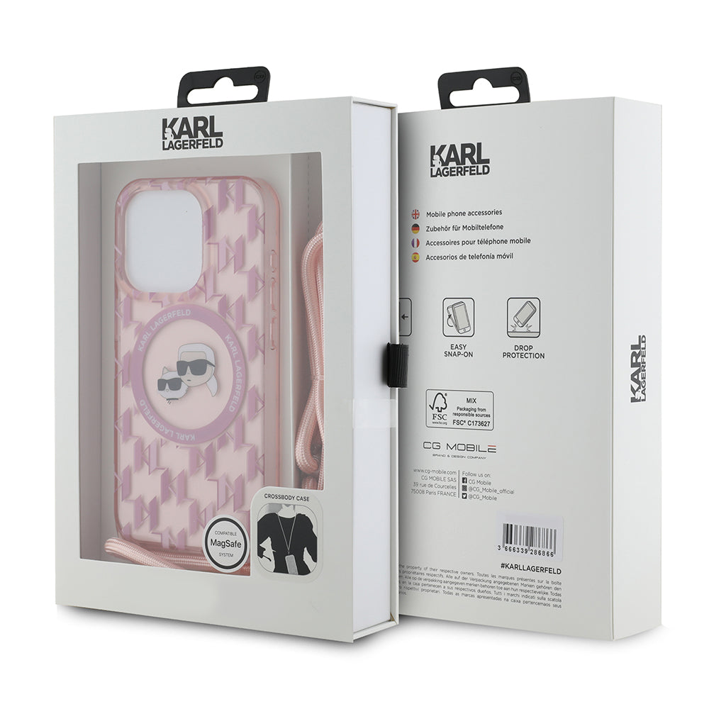 Калъф MagSafe за Apple iPhone 15 Pro Max, Karl Lagerfeld, IML Crossbody Monogram Karl & Choupette's Heads, Розов