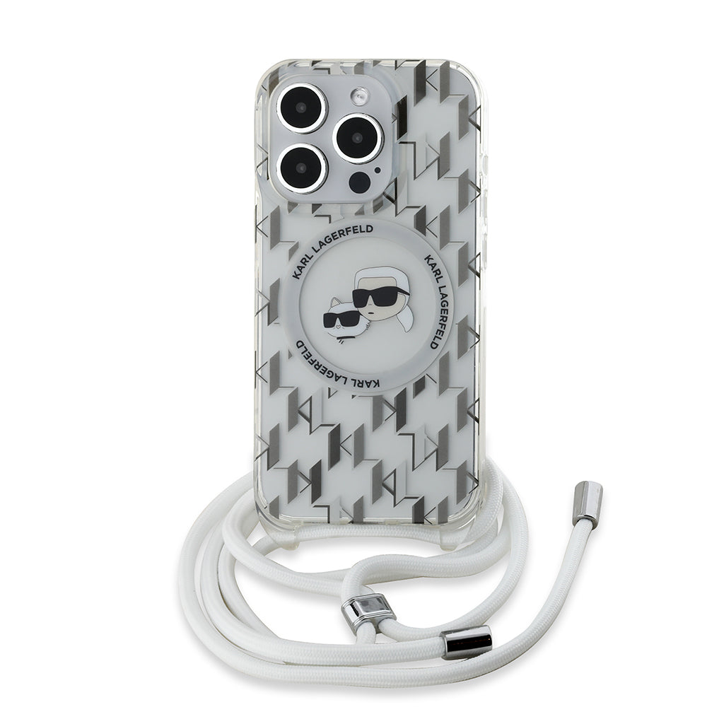 Калъф MagSafe за Apple iPhone 15 Pro Max, Karl Lagerfeld, IML Crossbody Monogram Karl & Choupette's Heads, Прозрачен