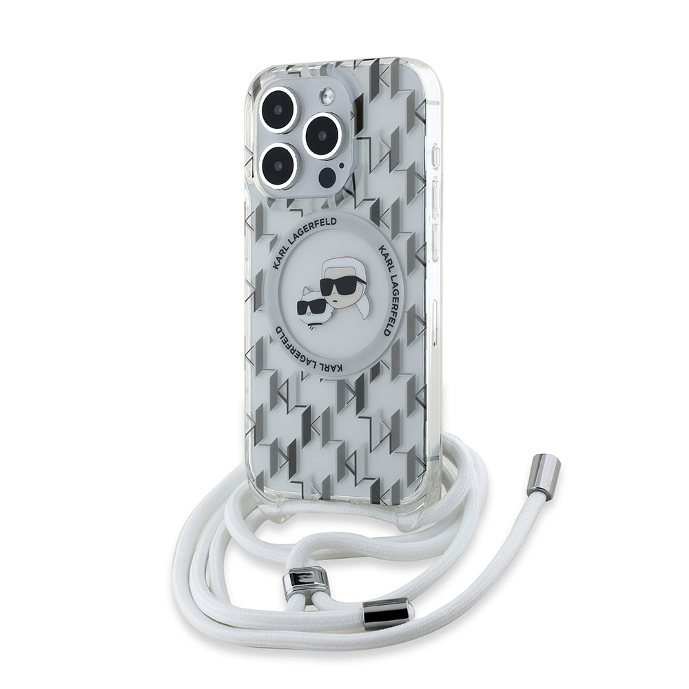 Калъф MagSafe за Apple iPhone 15 Pro Max, Karl Lagerfeld, IML Crossbody Monogram Karl & Choupette's Heads, Прозрачен