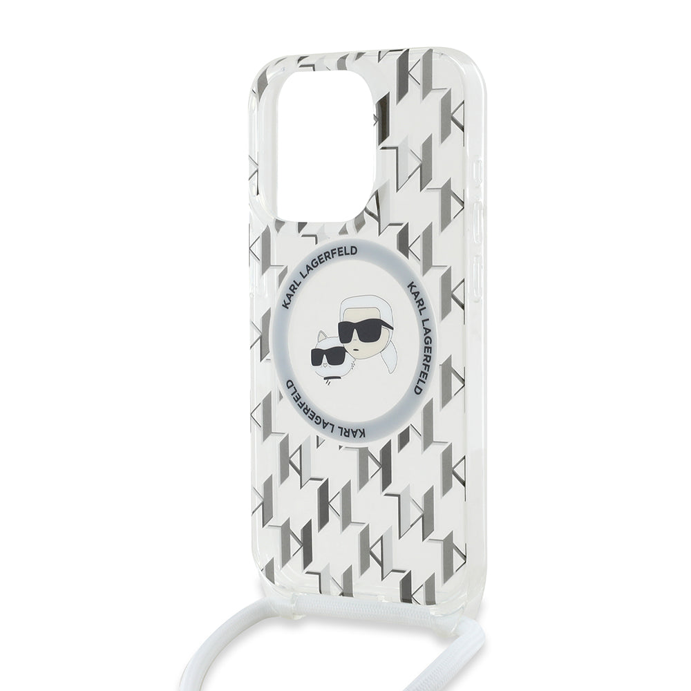 Калъф MagSafe за Apple iPhone 15 Pro Max, Karl Lagerfeld, IML Crossbody Monogram Karl & Choupette's Heads, Прозрачен