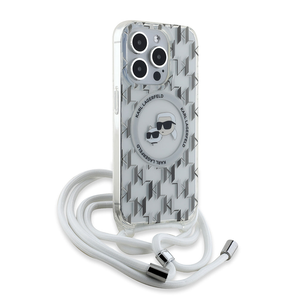 Калъф MagSafe за Apple iPhone 15 Pro Max, Karl Lagerfeld, IML Crossbody Monogram Karl & Choupette's Heads, Прозрачен