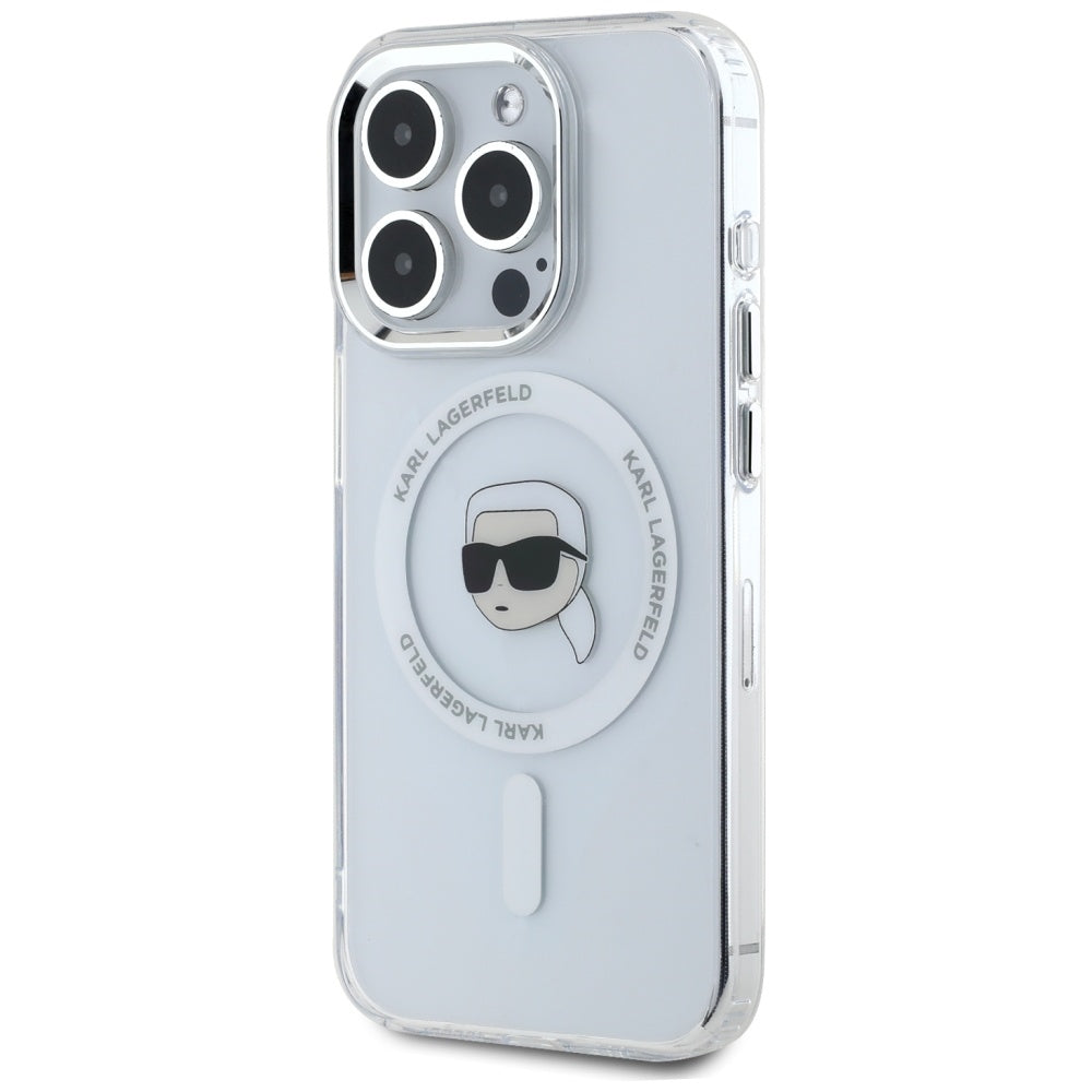 Калъф MagSafe за Apple iPhone 15 Pro Max, Karl Lagerfeld, IML Metal Karl's Head, Бял