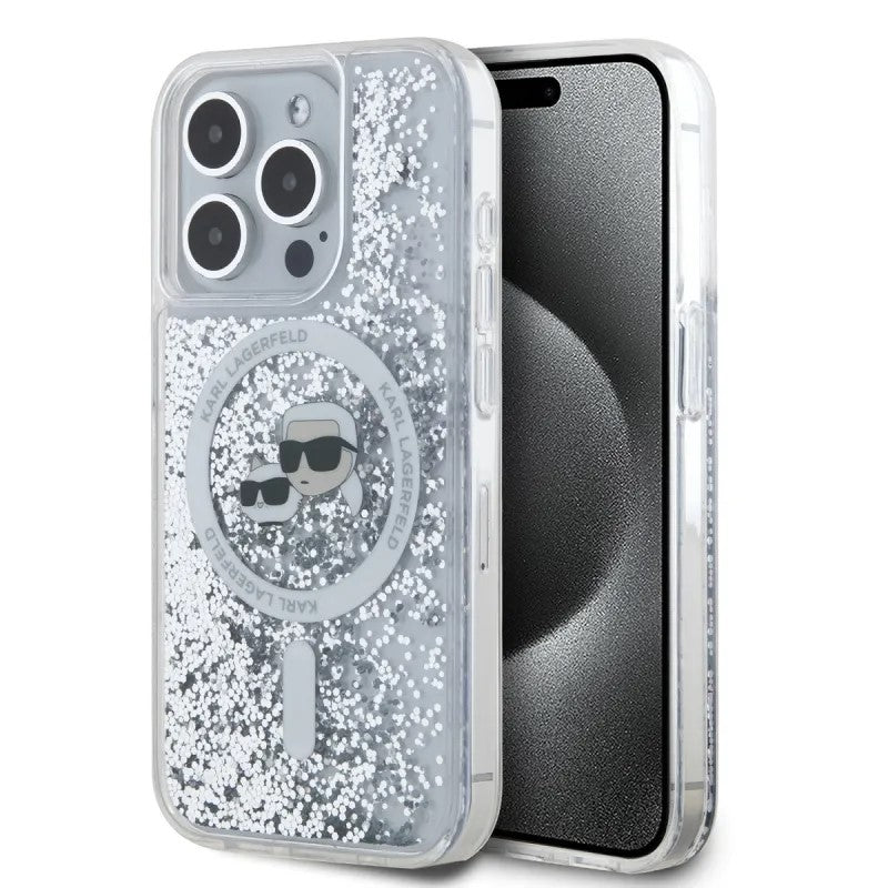 Калъф MagSafe за Apple iPhone 15 Pro Max, Karl Lagerfeld, Liquid Glitter Karl & Choupette's Heads, Прозрачен