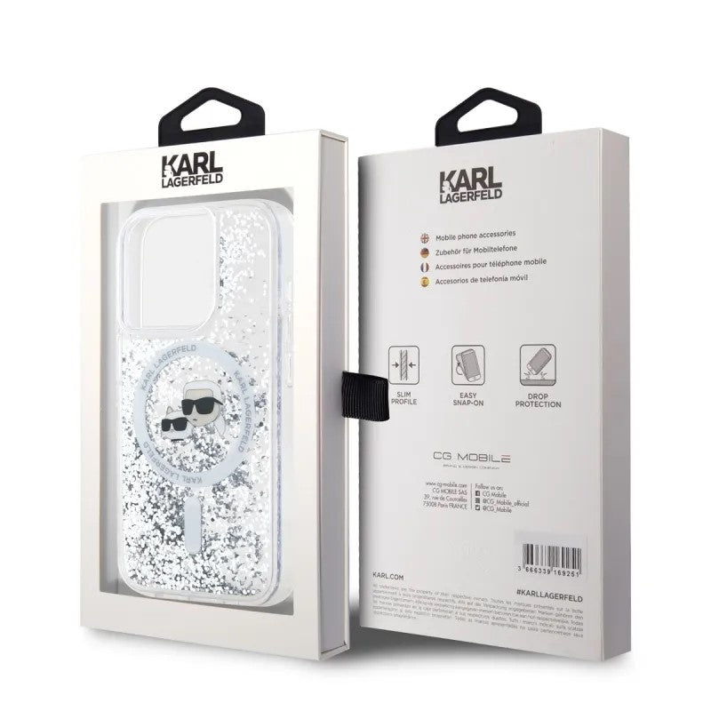 Калъф MagSafe за Apple iPhone 15 Pro Max, Karl Lagerfeld, Liquid Glitter Karl & Choupette's Heads, Прозрачен