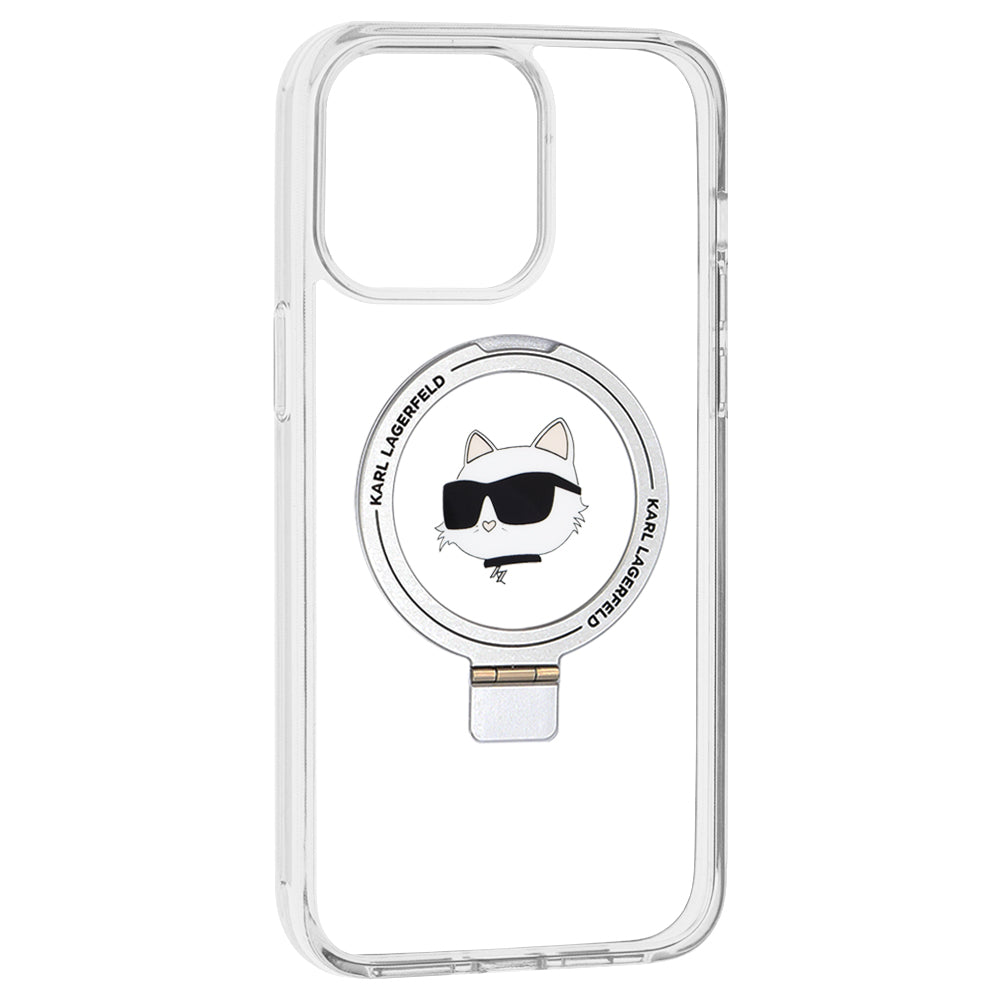 Калъф MagSafe за Apple iPhone 15 Pro Max, Karl Lagerfeld, Ring Stand Choupette's Head, Бял