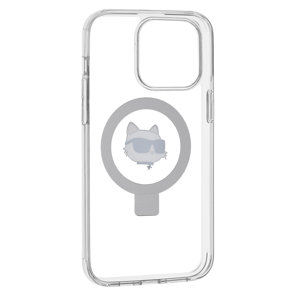 Калъф MagSafe за Apple iPhone 15 Pro Max, Karl Lagerfeld, Ring Stand Choupette's Head, Бял