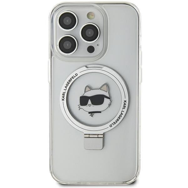 Калъф MagSafe за Apple iPhone 15 Pro Max, Karl Lagerfeld, Ring Stand Choupette's Head, Бял