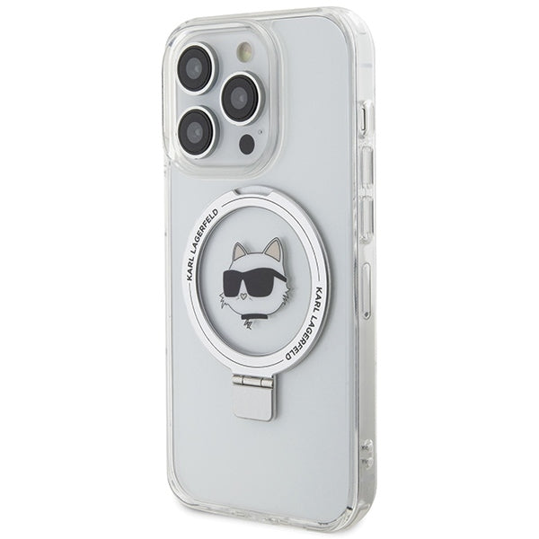Калъф MagSafe за Apple iPhone 15 Pro Max, Karl Lagerfeld, Ring Stand Choupette's Head, Бял
