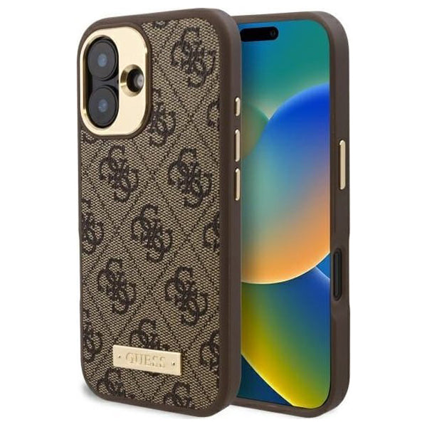 Калъф MagSafe за Apple iPhone 16, Guess, 4G Logo Plate, Кафяв