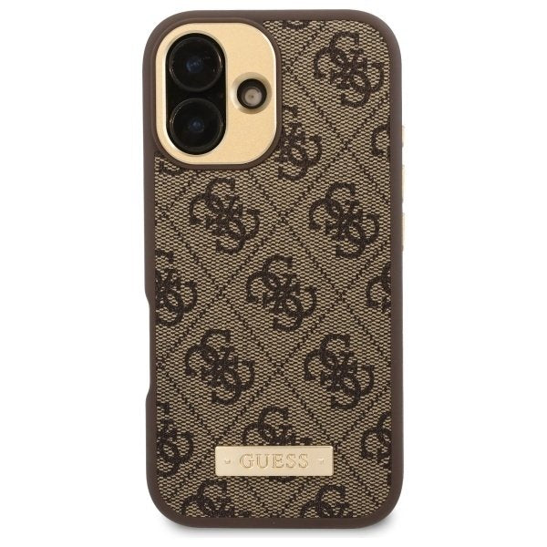 Калъф MagSafe за Apple iPhone 16, Guess, 4G Logo Plate, Кафяв