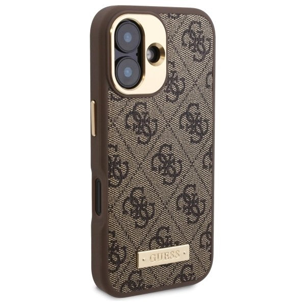 Калъф MagSafe за Apple iPhone 16, Guess, 4G Logo Plate, Кафяв