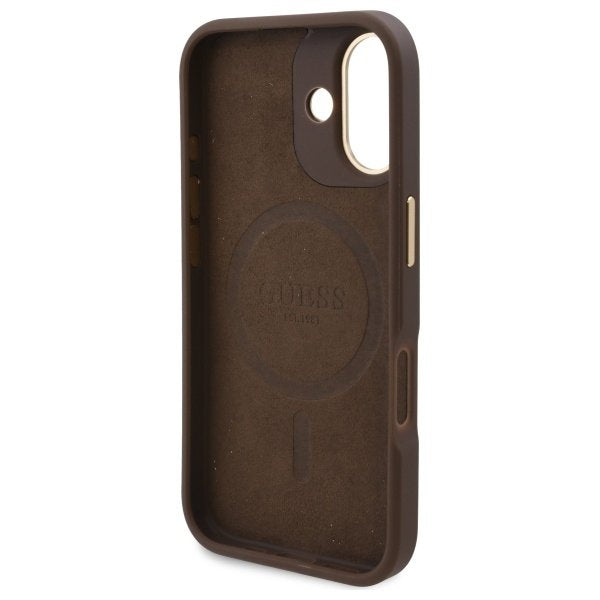 Калъф MagSafe за Apple iPhone 16, Guess, 4G Logo Plate, Кафяв