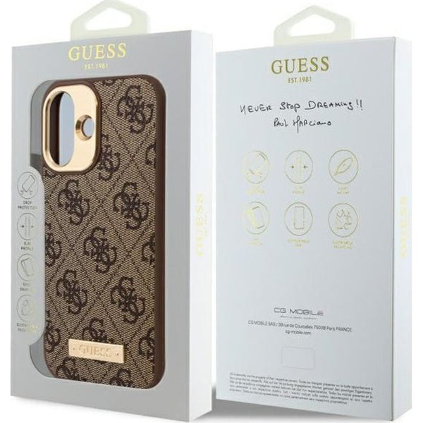 Калъф MagSafe за Apple iPhone 16, Guess, 4G Logo Plate, Кафяв