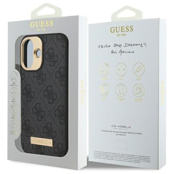 Калъф MagSafe за Apple iPhone 16, Guess, 4G Logo Plate, Черен