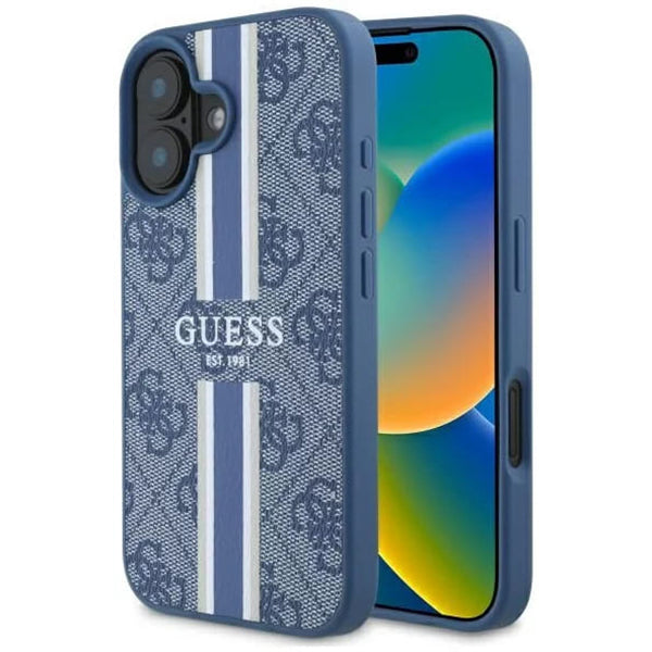 Калъф MagSafe за Apple iPhone 16, Guess, 4G Printed Stripes, Син