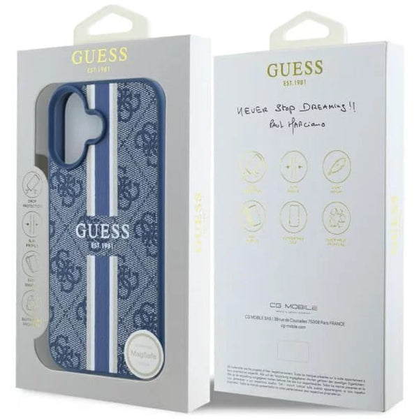 Калъф MagSafe за Apple iPhone 16, Guess, 4G Printed Stripes, Син