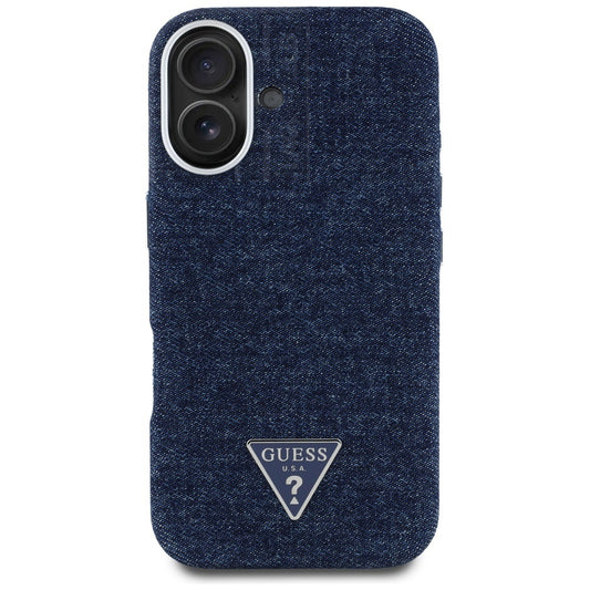 Калъф MagSafe за Apple iPhone 16, Guess, Denim Triangle Logo, Син