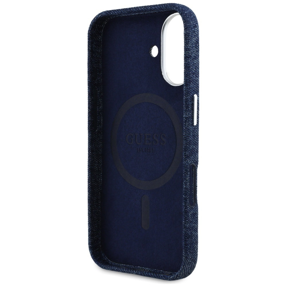 Калъф MagSafe за Apple iPhone 16, Guess, Denim Triangle Logo, Син