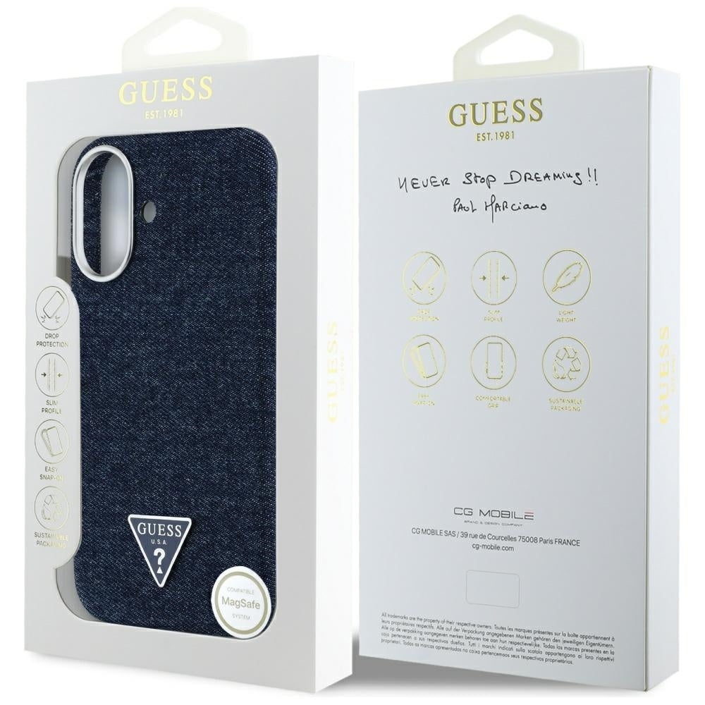 Калъф MagSafe за Apple iPhone 16, Guess, Denim Triangle Logo, Син