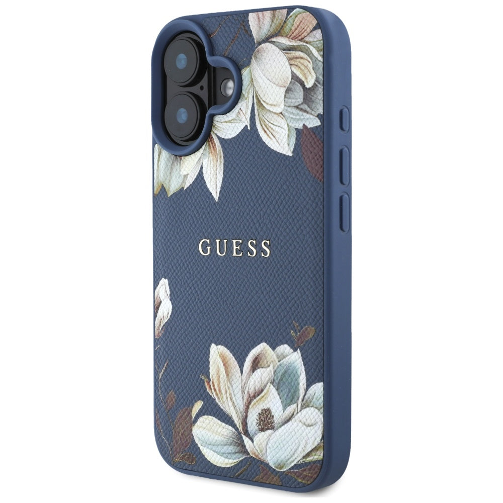 Калъф MagSafe за Apple iPhone 16, Guess, Grained Flowers, Син