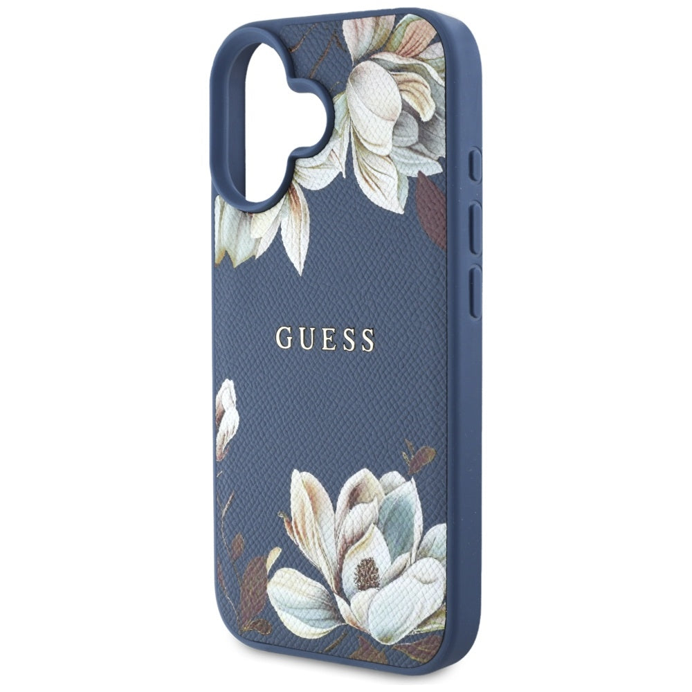 Калъф MagSafe за Apple iPhone 16, Guess, Grained Flowers, Син