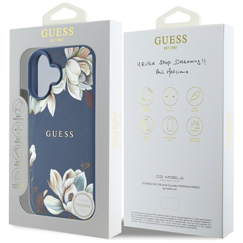 Калъф MagSafe за Apple iPhone 16, Guess, Grained Flowers, Син
