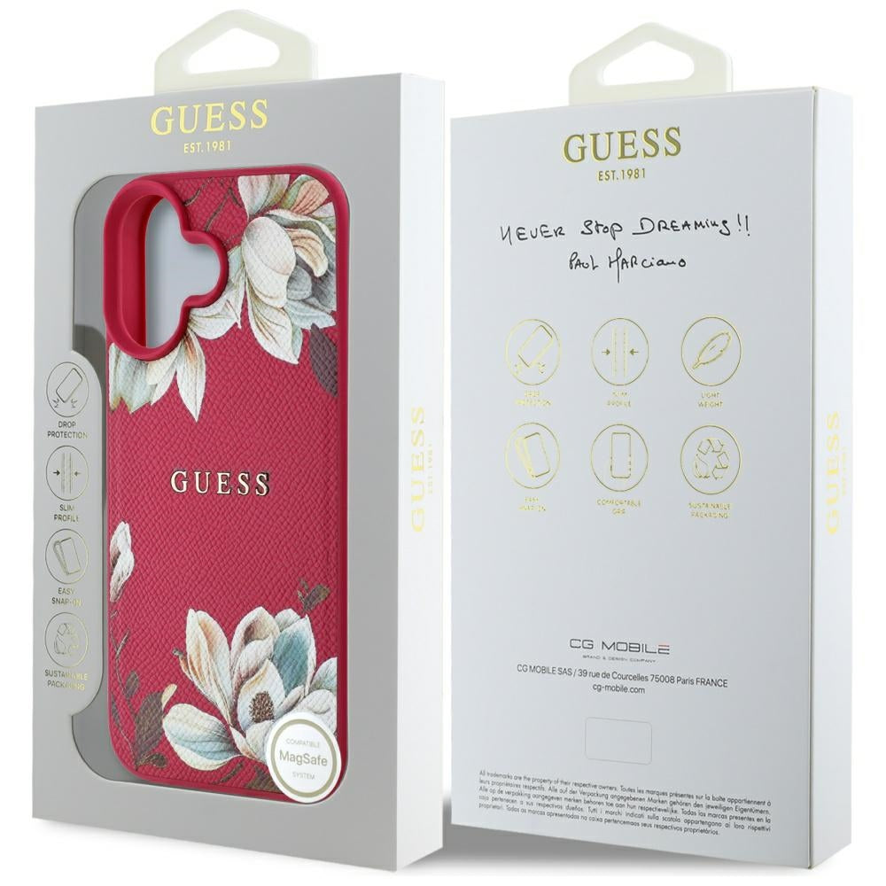 Калъф MagSafe за Apple iPhone 16, Guess, Grained Flowers, Фуксия
