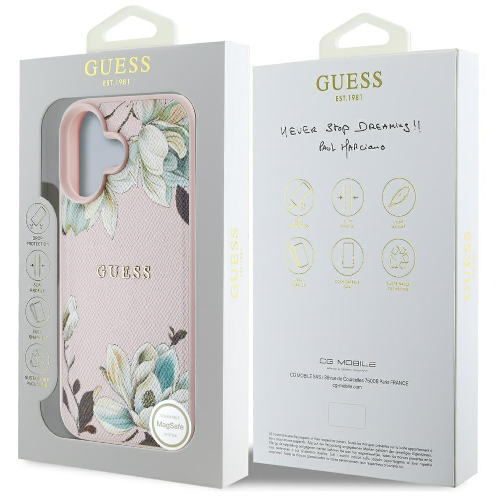 Калъф MagSafe за Apple iPhone 16, Guess, Grained Flowers, Розов