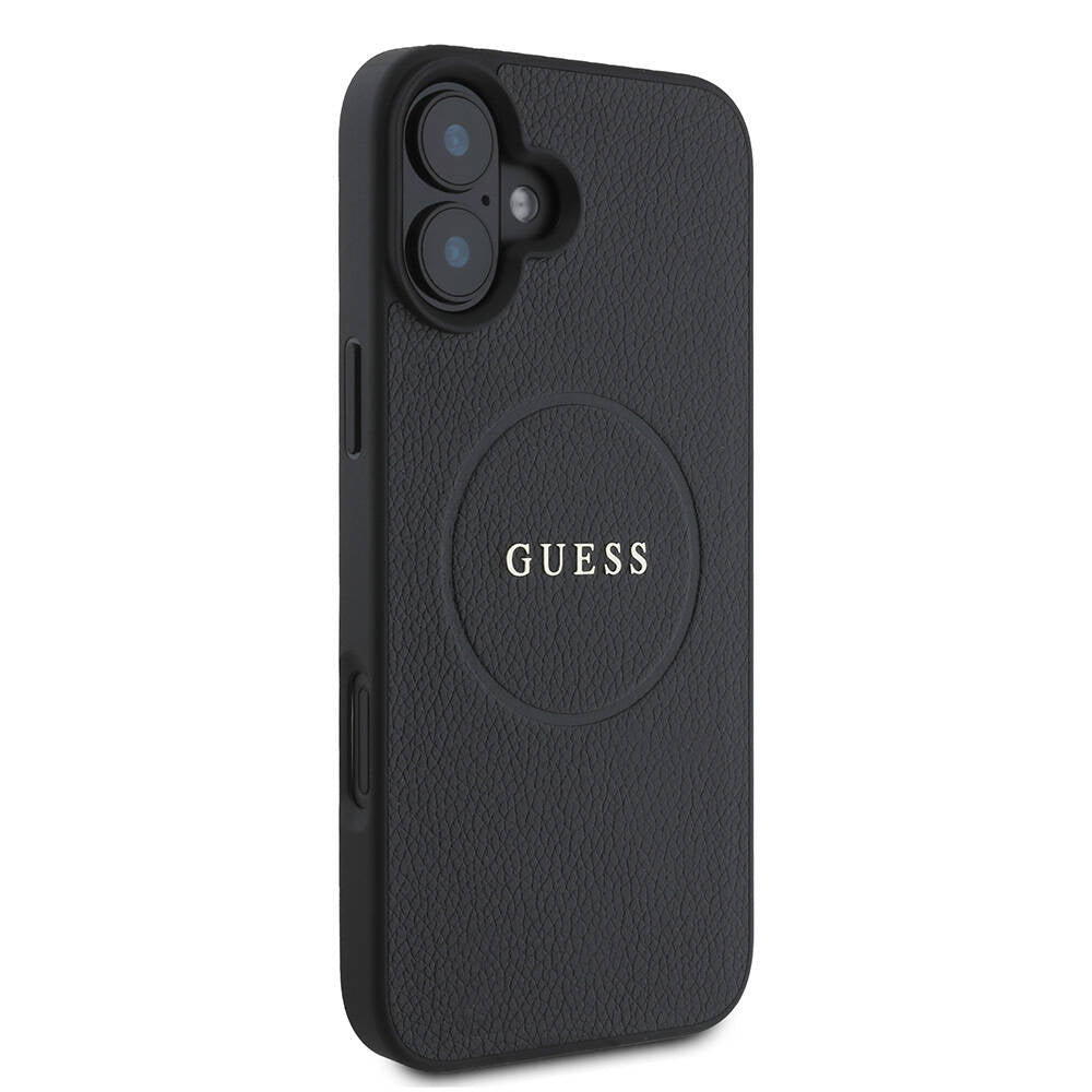 Калъф MagSafe за Apple iPhone 16, Guess, Grained Gold Ring, Черен