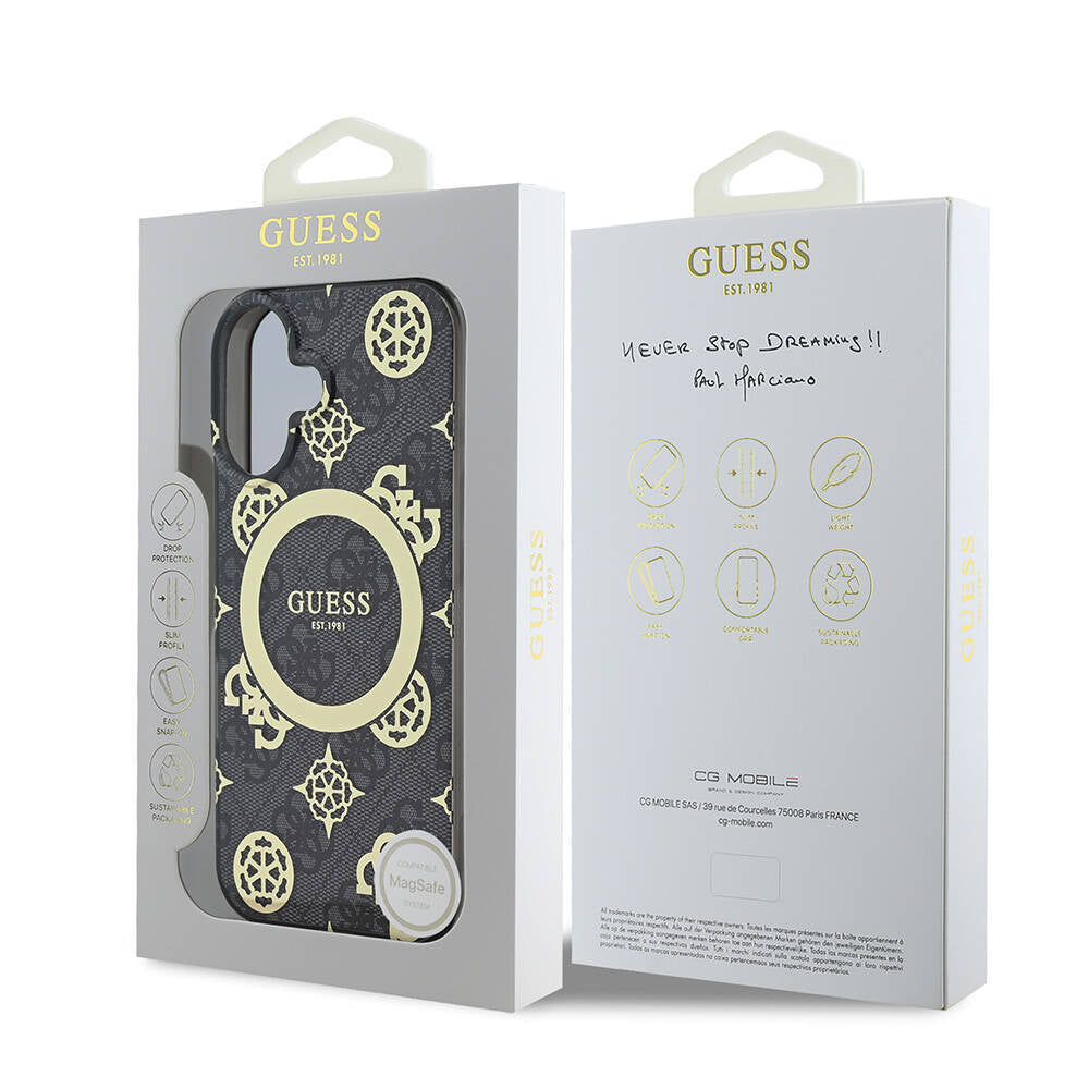 Калъф MagSafe за Apple iPhone 16, Guess, IML 4G Peony, Черен GUHMP16SH4PYEEK